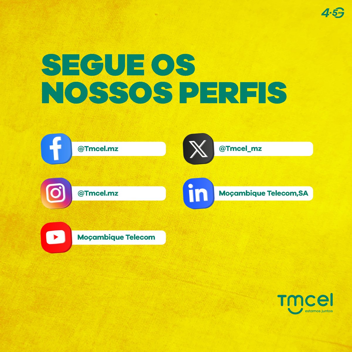 Tmcel_mz's tweet image. Segue os nossos canais digitais:

Facebook – facebook.com/tmcel.mz/
Instagram – instagram.com/tmcel.mz/
X – 
Youtube – youtube.com/@mocambiquetel…
Linkedin -www.linkedin.com/company/tmcel.mz/

#Tmcel
#LTE #EstamosJuntos