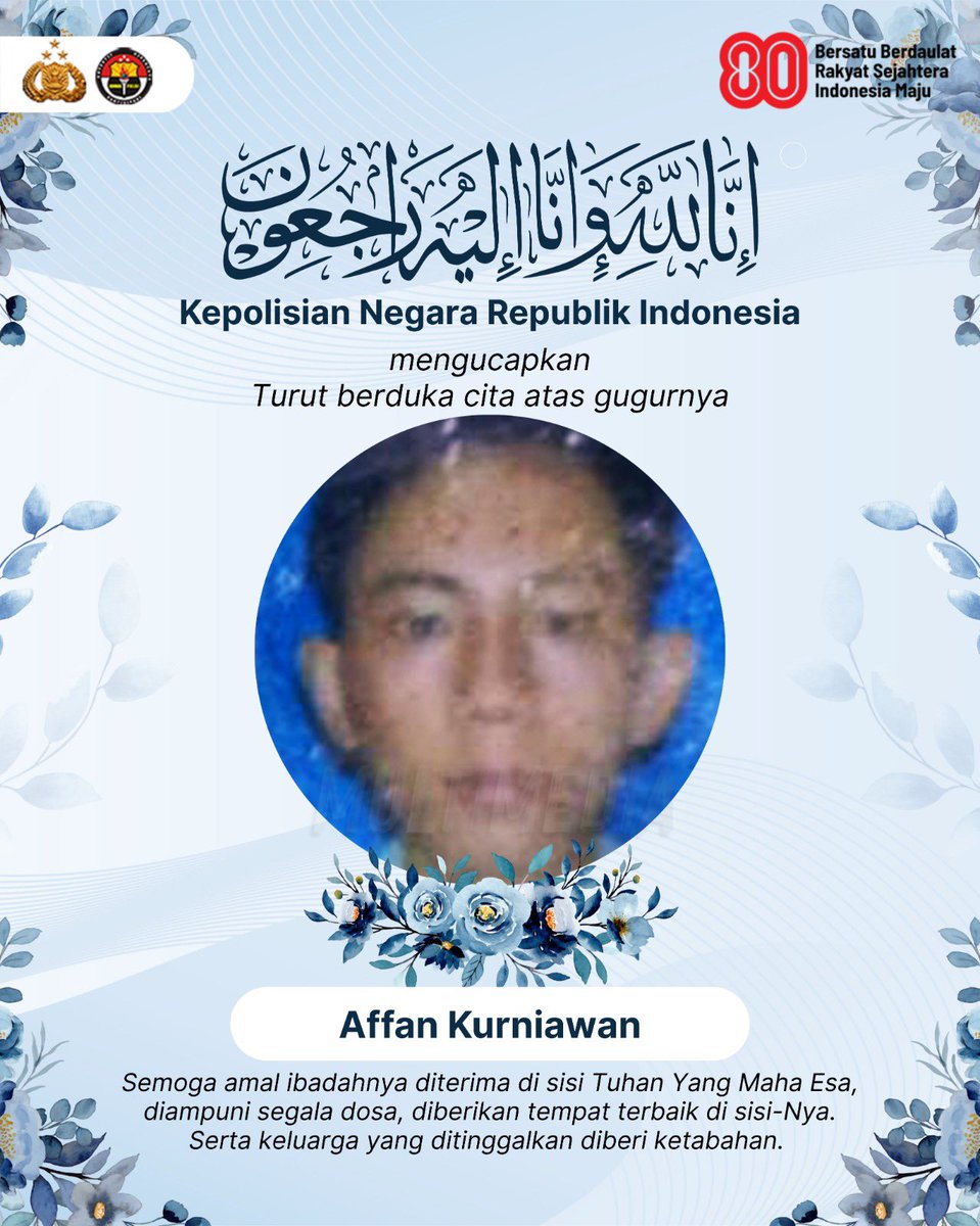 DivHumas_Polri's tweet image. Kepolisian Negara Republik Indonesia mengucapkan turut berduka cita atas meninggalnya Affan Kurniawan, pengemudi ojek online yang meninggal dunia. Semoga amal ibadahnya diterima di sisi Tuhan Yang Maha Esa, diampuni segala dosa, diberikan tempat terbaik di sisi-Nya. Serta…