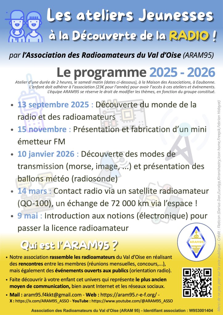 ℹ️ NOUVEAUTE 2025 : 
<a href="/ARAM95_ASSO/">ARAM95 - F4KKT</a> ouvre ces portes à la #jeunesse !
Découverte du monde #radioamateur et plus largement de la #radio.
👨‍👧‍👦Sortez vos ados de leur téléphone : retour aux sources des moyens de #communication, qui ont ouvert la voie aux #technologies d’aujourd’hui !