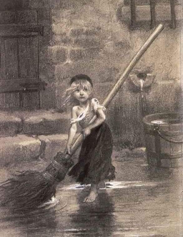 لوحة فنِّية تُصوِّر الطفلة الصغيرة كوزيت، وهي إحدى الشخصيّات الرئيسيّة في #رواية_البؤساء للكاتب الفرنسي فيكتور هيجو اشتهرت هذه اللَّوحة حتى أصبحت أيقونةً لرواية البؤساء، وسرُّ قوَّتها هو حجم المكنسة الهائل الذي يفوق قامة الطفلة كوزيت!
وكأنَّ الرسام يقول: "إنَّ من الجُرم أن يحمل