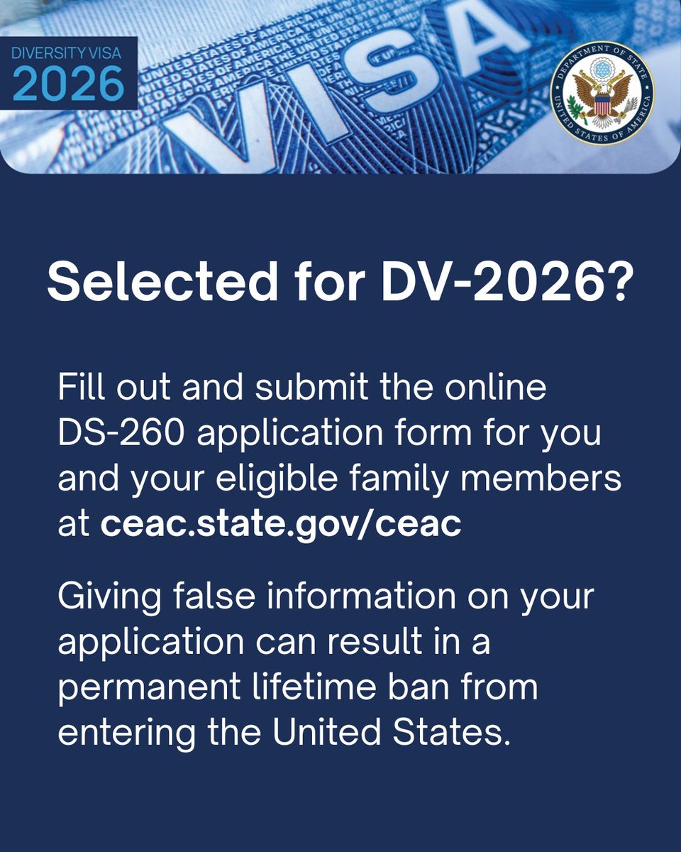 Ausgewählt für die DV-2026 Lotterie? Fülle das DS-260-Antragsformular online für Dich und Deine anspruchsberechtigten Familienmitglieder aus unter ceac.state.gov/ceac/. Denk daran: Falsche Angaben können zu einem dauerhaften, lebenslangen Einreiseverbot in die Vereinigten