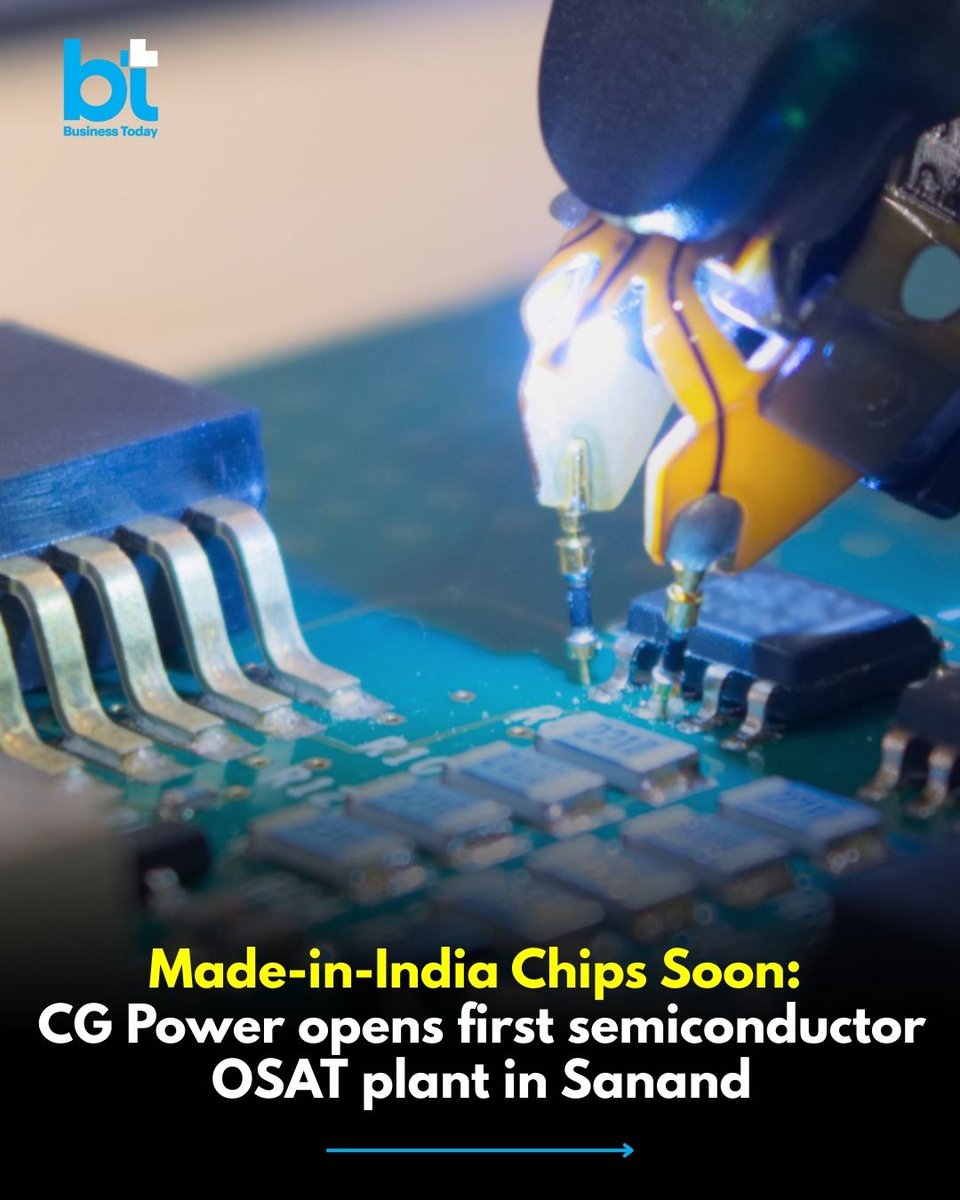 business_today's tweet image. 🚨💻 #TechToday | Engineering firm CG Power and Industrial Solutions Limited announced on Thursday (August 28) that its subsidiary, CG Semi Private Limited, has inaugurated its first Outsourced Semiconductor Assembly and Test (#OSAT) facility in Sanand, #Gujarat. 
 
➡️ The