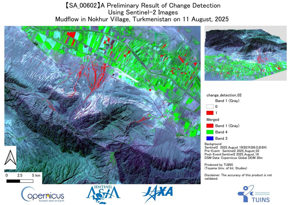Sentinel_Asia's tweet image. Due to the damage by #mudflow on 11 Aug. (UTC) in #Turkmenistan , #SentinelAsia was activated at the request of the CAIAG. Information has been uploaded to the Sentinel Asia website.  sentinel-asia.org/EO/2025/articl…
 #SentinelAsia #Kyrgyzstan 

Map produced by #TUINS