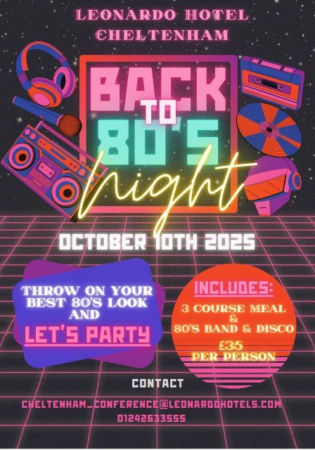 Get ready to party like it's 1985! 🎉 Leonardo Hotel Cheltenham is bringing back the 80s with an epic 80's Night on Friday, October 10th! 🕺💃

🔗 glos.info/whats-on-quize…