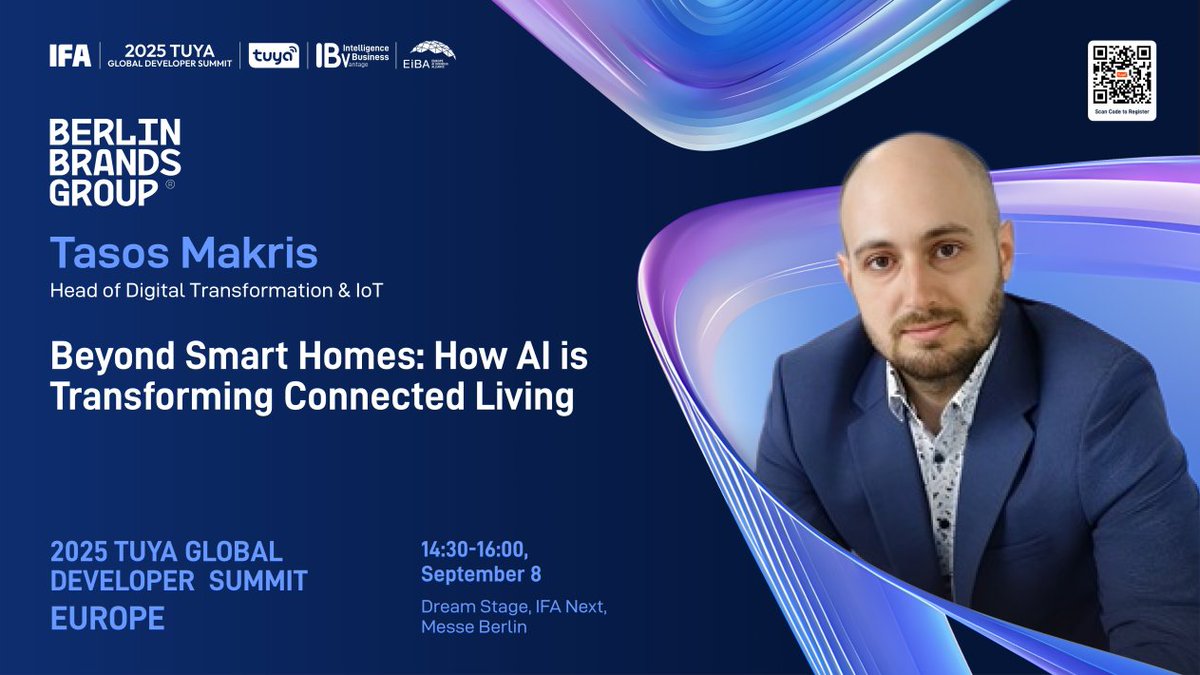 tuyasmart's tweet image. It’s a pleasure to welcome Tasos Makris, Head of Digital Transformation &amp;amp; IoT at @brands_berlin, to the Tuya Global Developer Summit (Europe). His keynote will explore how #AI transforms #connectedliving. Sept 8, 2:30–4:00 p.m, #IFABerlin. Register: tuya.com/events/develop…