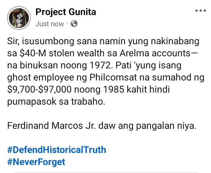 Sabi ng Malacañang, magsumbong daw tayo sa pangulo tungkol sa korupsyon. May isusumbong din ho sana kami.
#DefendHistoricalTruth
#NeverForget