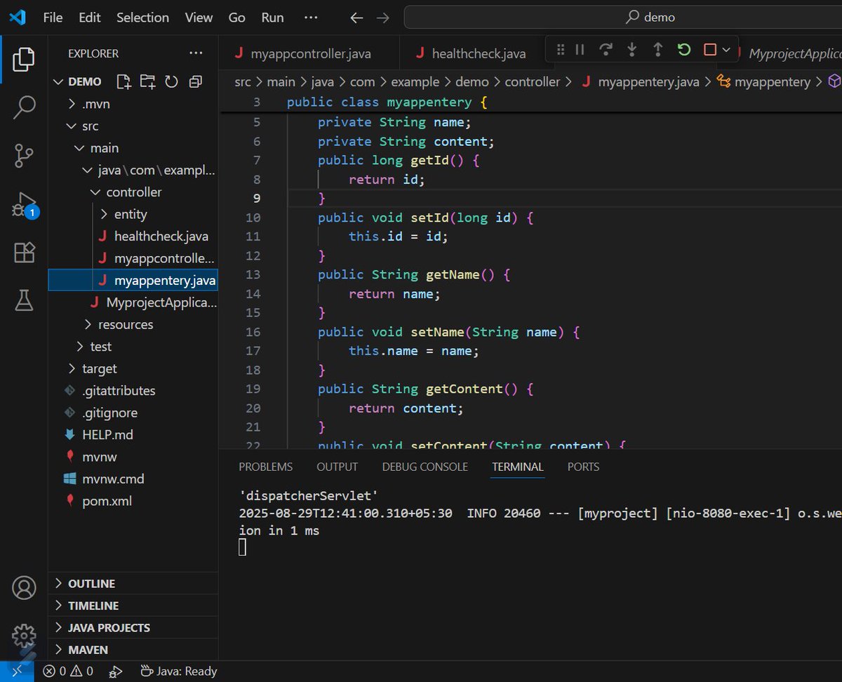 sonu2016841's tweet image. Today I built my first REST API in Spring Boot 
Created GET &amp;amp; POST endpoints
Learned how to use @RestController, @RequestMapping, @GetMapping, @PostMapping
Played with @RequestBody &amp;amp; in-memory storage (HashMap)
Excited for this journey!

#java #springboot  #100dayofcode #DSA