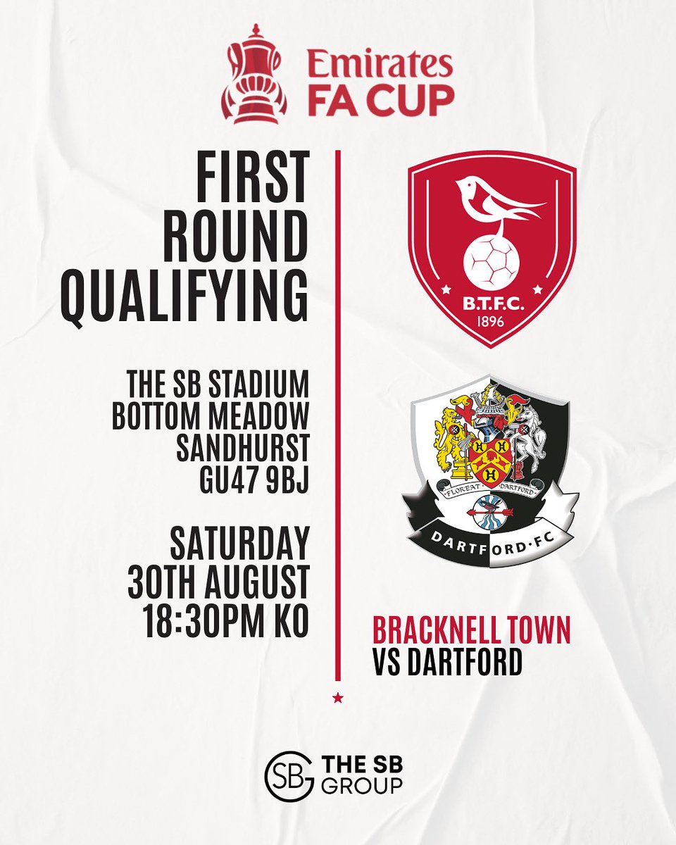 Bracknell Town FC (@bracknelltownfc) on Twitter photo The FA Cup journey begins! 🏆
We welcome <a href="/dartfordfc/">Dartford FC</a> to the SB Stadium this Saturday!
See you there Robins faithful 🫡 The FA Cup journey begins! 🏆
We welcome <a href="/dartfordfc/">Dartford FC</a> to the SB Stadium this Saturday!
See you there Robins faithful 🫡