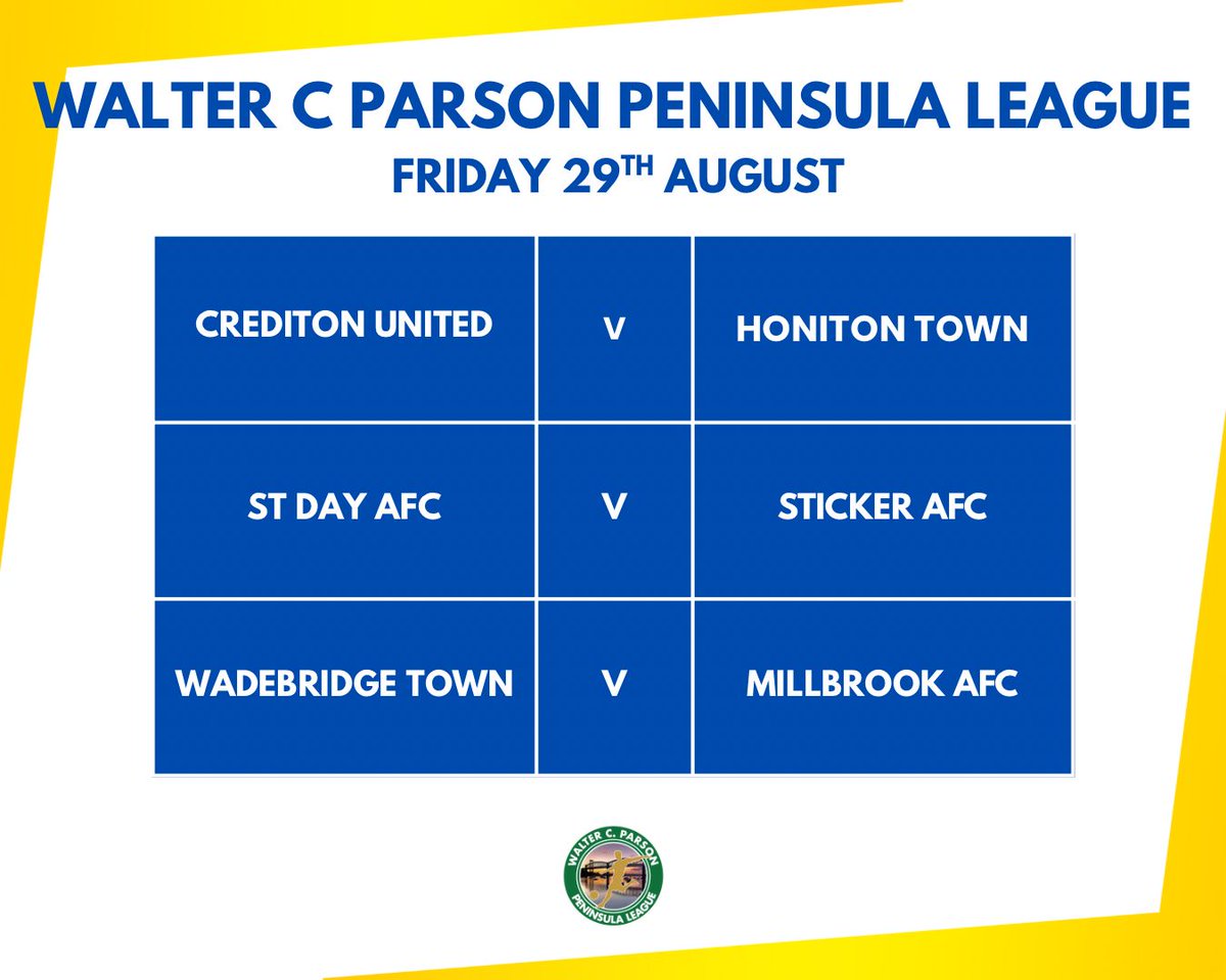 Friday Night Triple!
Not 1, Not 2, But 3 Friday Night Fixtures😁

Whether you are near <a href="/CreddyAFC/">Crediton United AFC</a>  or <a href="/stday/">standtogetherday</a> or <a href="/WadebridgeTown/">Wadebridge Town FC</a> then end August with a cheeky FNF!
All 7.30 <a href="/swsportsnews/">South West Sports News</a>