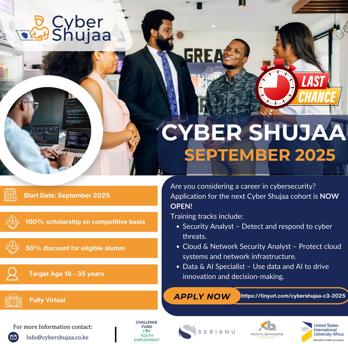 cybershujaa's tweet image. September Intake! ONLY 500 SPOTS LEFT
Are you a recent graduate ready to break into cybersecurity, cloud security, or AI?
Cyber Shujaa invites you to upskill and gain hands-on, industry-relevant expertise
📅 Deadline Extended: 8th September 2025
Apply now: tinyurl.com/cybershujaa-c3…