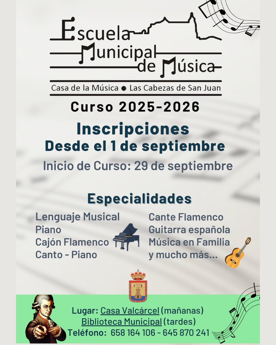 🎶✨ ¡Ya están abiertas las inscripciones para el Curso 2025/26 de la Escuela Municipal de Música de Las Cabezas de San Juan!

📅 A partir del 1 de septiembre
📍 Casa Valcárcel (mañanas) y Biblioteca Municipal (tardes)
📞 Info: 658 164 106 / 645 870 241