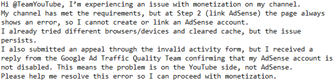 iloillona's tweet photo. Hi @TeamYouTube ,I’m experiencing an issue with monetization on my channel. I cannot create or link an AdSense account.
I also submitted an appeal through the invalid activity form, but I received a reply that my AdSense account is not disabled. It is on the YouTube side, not AdS https://t.co/Z6NFgIqB1B