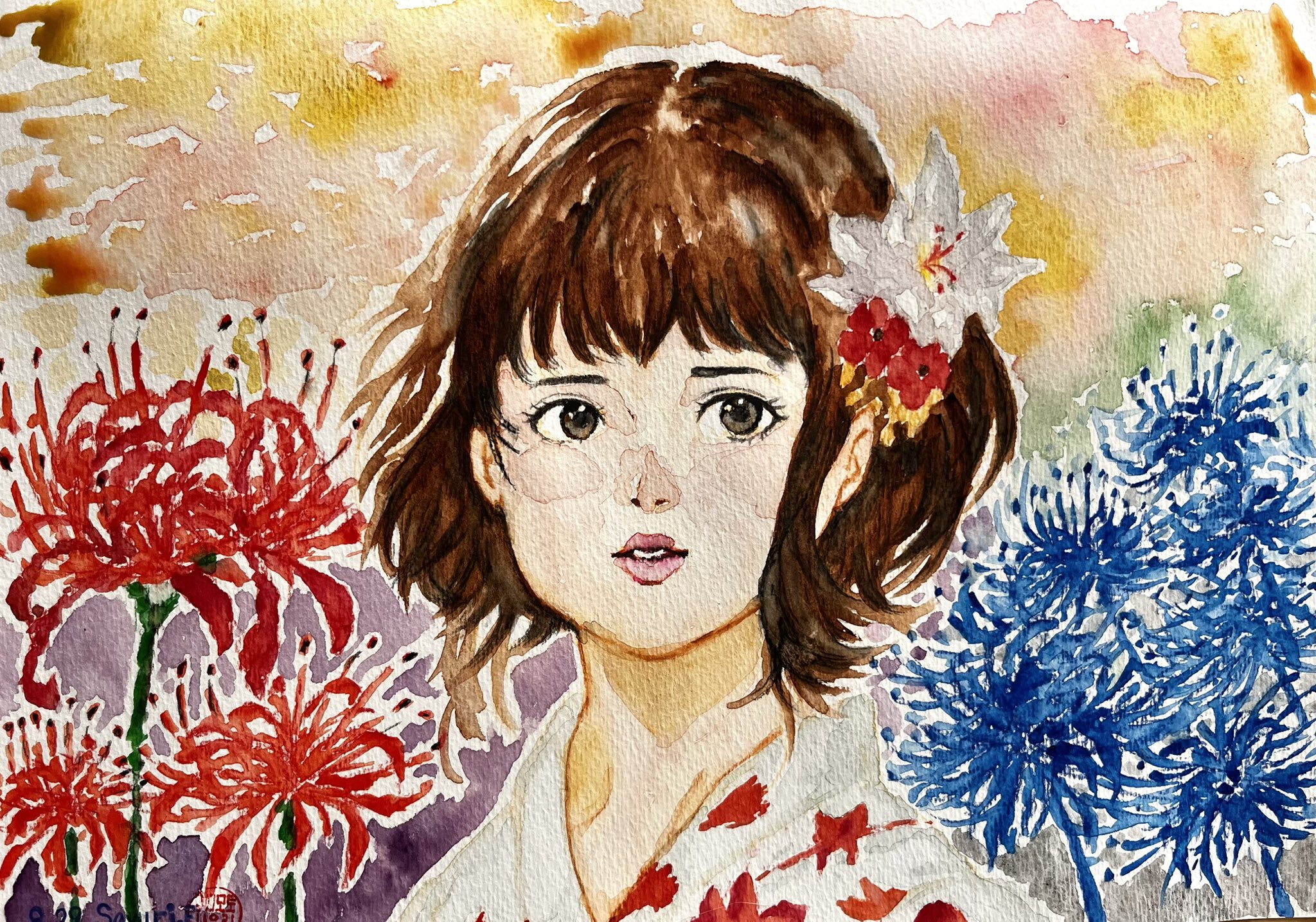 日本画　彼岸花 彼岸花今年の初出しです、吉見町さくら堤公園の早咲きエリアの