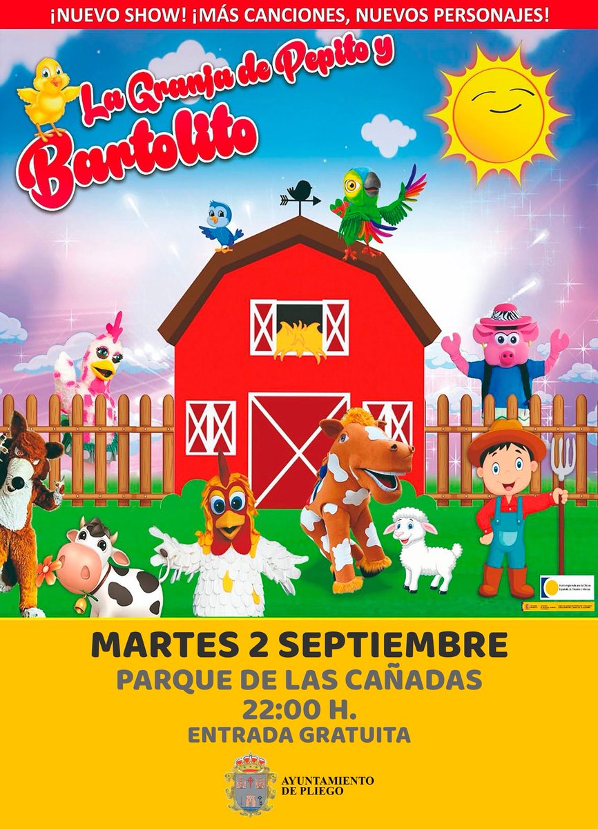 🌾LA GRANJA DE PEPITO Y BARTOLITO 🐑
Martes 2 de septiembre 
A las 22:00 H.
Parque de las Cañadas 

🎟️ ENTRADA GRATUITA

¡Prepárate para una noche llena de risas y alegría en La Granja de Pepito y Bartolito🎉✨