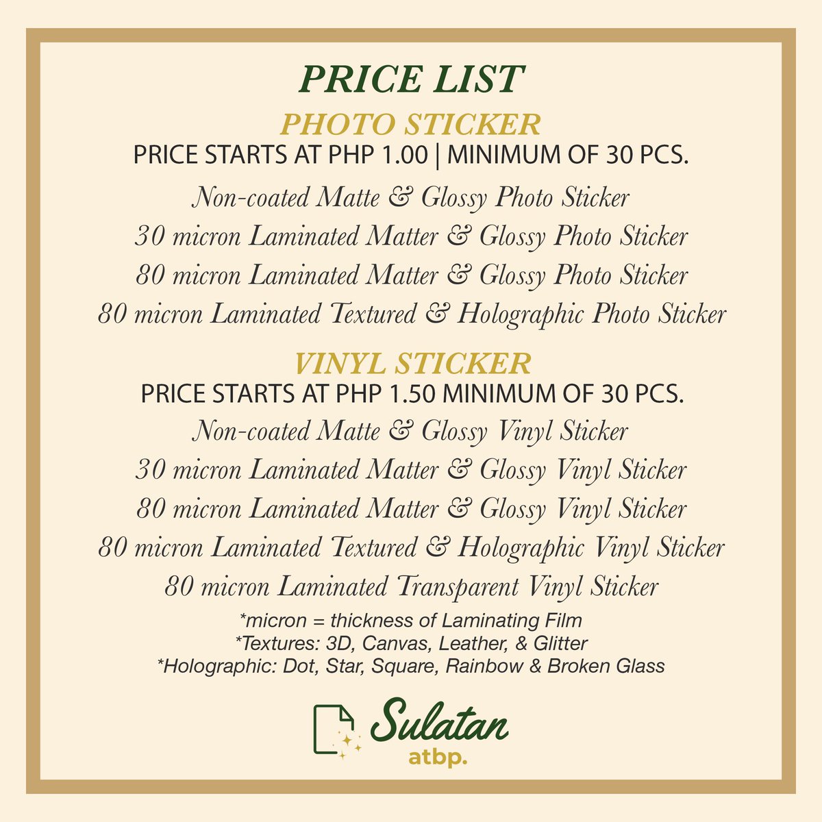 SulatanAtbp's tweet photo. Ready for your next concert moment?

Photocards to swap, photostrips to keep, hand banners to wave, stickers to give — we’ve got it all at prices you’ll love. 💖

Check out our price list &amp; start your next fan project today!

#SulatanAtbp 
#CraftedWithLove https://t.co/bGBg9qdvcY