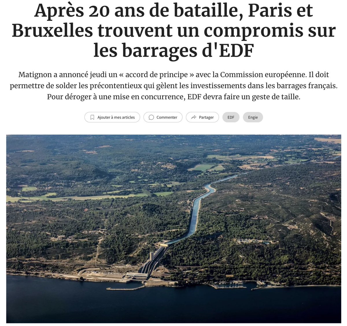 🚨 La France est OBLIGEE par l'Europe de céder le fruit de ses barrages !!

C'est aberrant...

L'accord impose à EDF de céder un tiers de sa puissance hydroélectrique aux autres énergéticiens via des enchères.

Après avoir investi 4,5 milliards € !!

A peine l'ARENH sera terminé