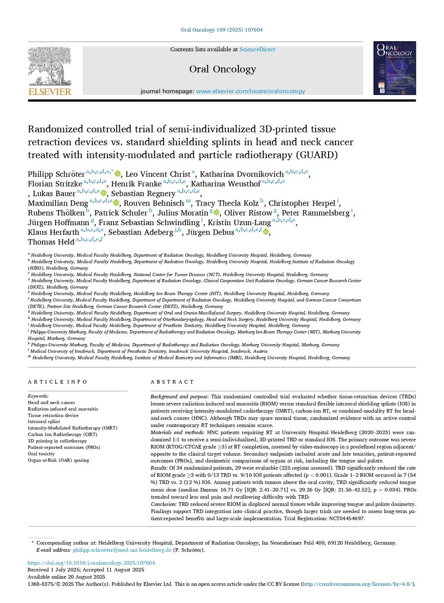 RRobaina75's tweet image. Randomized controlled trial of semi-individualized 3D-printed tissue retraction devices vs. standard shielding splints in head and neck cancer treated with intensity-modulated and particle radiotherapy (GUARD).
#aeprot #particletherapy #CIRT #hadrontherapy