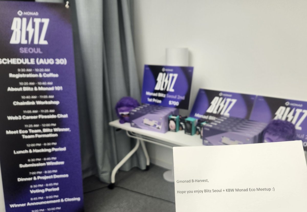 B__Harvest's tweet photo. 🚨 Monad Blitz Seoul kicks off in 20 hours! 🚨

We’ve got the vibes ready. 
Catering ✅, Setup ✅, Merch ✅

Even if just swing by, can walk away with @monad  goodies + also from @chainlink  &amp; @CosmostationVD  ✨

👉 Last-minute reg: https://t.co/B2sLHW0lQ6

Don’t miss it 💥 https://t.co/ozZxi0OJjk