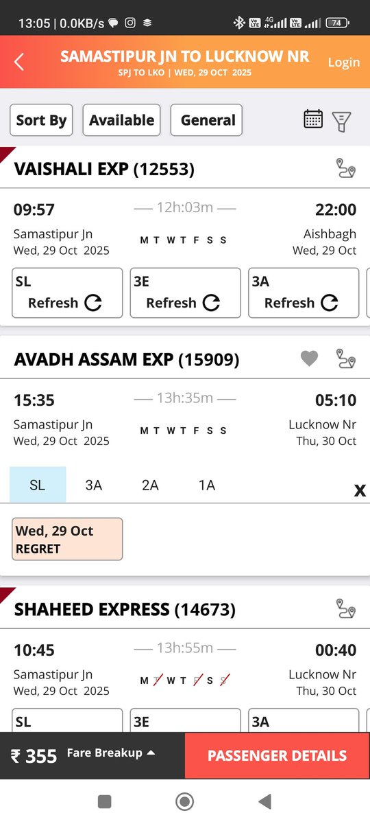 anujkumarjha12's tweet photo. @IRCTCofficial @RailMinIndia @AshwiniVaishnaw @RailwaySeva 
कृपया रेलवे टीम हमे यह बताये की irctc ke application से जब बुकिंग 29oct 2025 ka चेक कर रहा हुँ तो सभी ट्रेनो का बुकिंग कल चालू होगा ये बता रहा हैं जबकि train number 15909 की बुकिंग चेक कर रहा हूँ तो वंहा regret हैं क्यो? https://t.co/9q56OGG8Wf