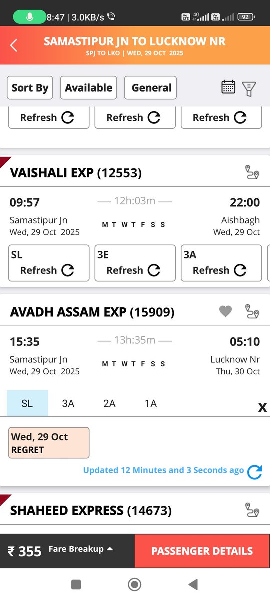 anujkumarjha12's tweet photo. @IRCTCofficial @RailMinIndia @AshwiniVaishnaw @RailwaySeva 
कृपया रेलवे टीम हमे यह बताये की irctc ke application से जब बुकिंग 29oct 2025 ka चेक कर रहा हुँ तो सभी ट्रेनो का बुकिंग कल चालू होगा ये बता रहा हैं जबकि train number 15909 की बुकिंग चेक कर रहा हूँ तो वंहा regret हैं क्यो? https://t.co/9q56OGG8Wf