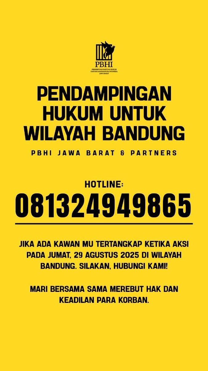 ‼️ BANTUAN HUKUM ‼️

utk kawan kawan yg turun aksi di Bandung jgn lupa simpan kontak di bawah ya. catat di sobekan kertas dan masukan ke sepatu atau coret di kulit.

JAGA KAWAN, UTAMAKAN KESELAMATAN.