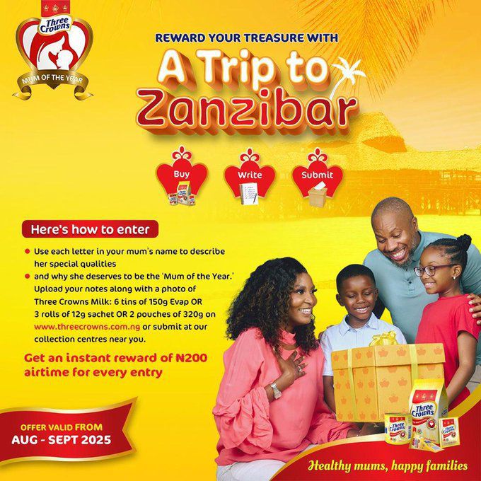 Celebrate your mum in #TCMOTY2025 and she could win a dream trip to Zanzibar 🌴
Create a heartfelt tribute using the letters in her name 
Send it in along with empty Three Crowns Milk packs:
🥛 6 tins of 150g Evap
🥛 3 rolls of 12g sachets
🥛 2 pouches of 320g
#RewardYourTreasure
