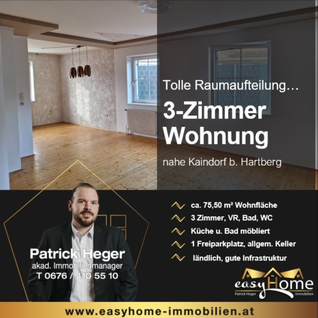 Neues Objekt von easyHome Immobilien! 🆕💚 

Ca. 75,5 m², 3 Zimmer, Vorraum, Bad mit Wanne, separates WC – perfekt für dich! 🛁🛋🛏 Freiparkplatz und Nutzung eines allgemeinen Kellerraums inklusive. 🅿️🏡Küche und Bad sind möbliert. 🤗
 📧
office@easyhome-immobilien.at