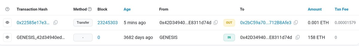 展示 ICO 钱包在沉寂十年后活动的以太坊交易截图