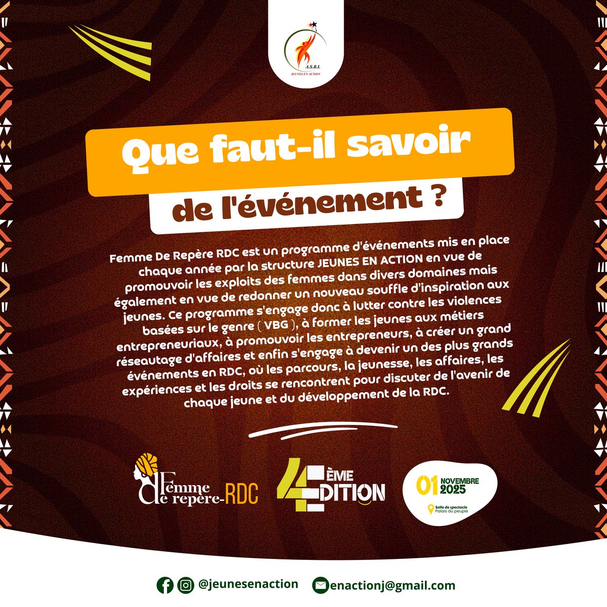 Découvrez "FEMME DE REPÈRE RDC",
Un cadre inter-générationnel, inclusif.

Où tout le monde (Femmes, hommes, jeunes, décideurs, société civile.etc.) a un rôle à jouer pour une société plus juste.