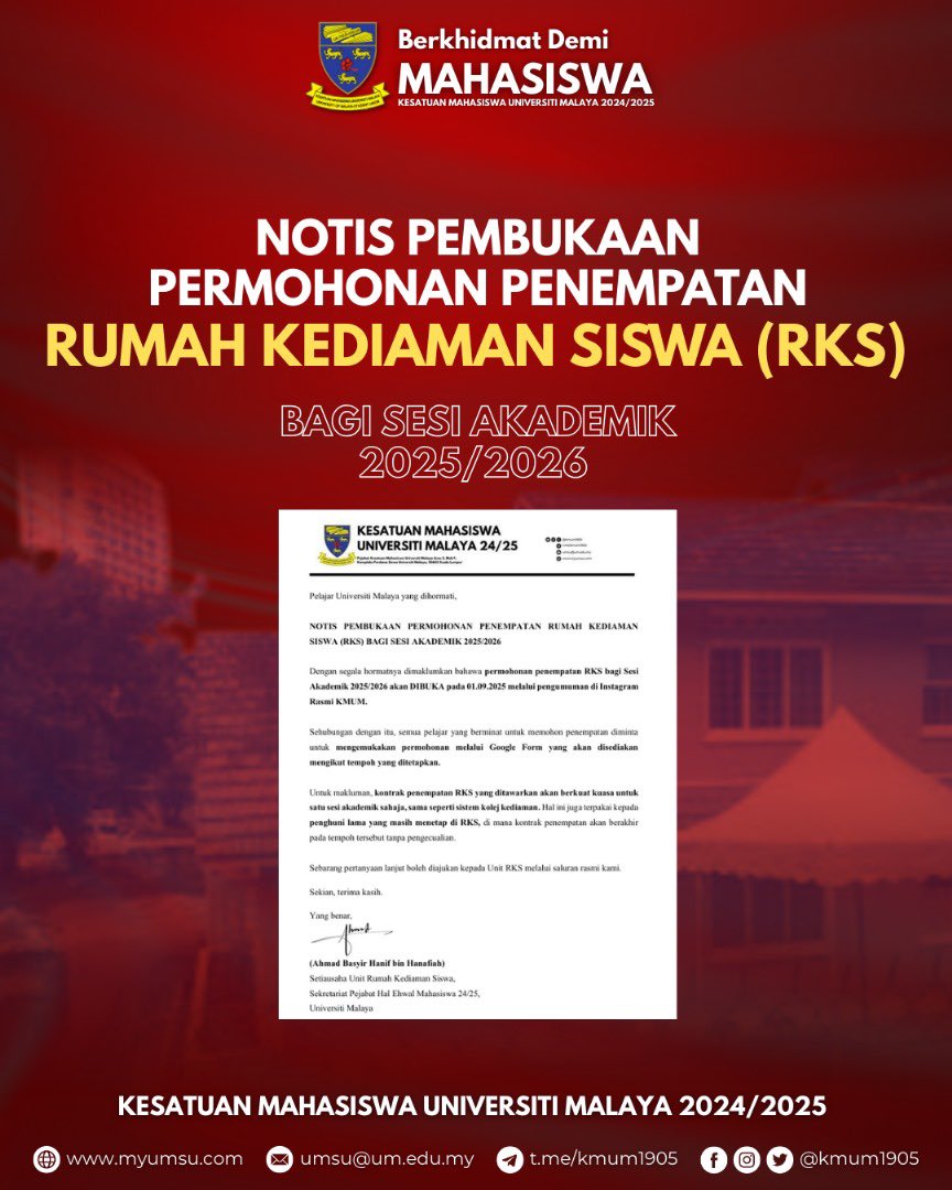 kmum1905's tweet photo. [NOTIS PEMBUKAAN PERMOHONAN PENEMPATAN RUMAH KEDIAMAN SISWA (RKS) SESI AKADEMIK 2025/2026]

Dimaklumkan bahawa permohonan penempatan Rumah Kediaman Siswa (RKS) bagi Sesi Akademik 2025/2026 akan dibuka mulai 1 September 2025. https://t.co/RKFAehOKdZ