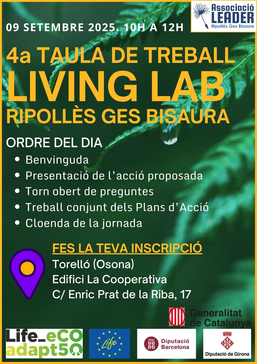 LeaderRGB's tweet image. Recorda que el proper 9 de setembre a Torelló tindrà lloc el 4t Living Lab del territori Leader Ripollès Ges Bisaura.
Inscriu-te 👉 ja.cat/VfG8o
@lifeeCOadapt50
