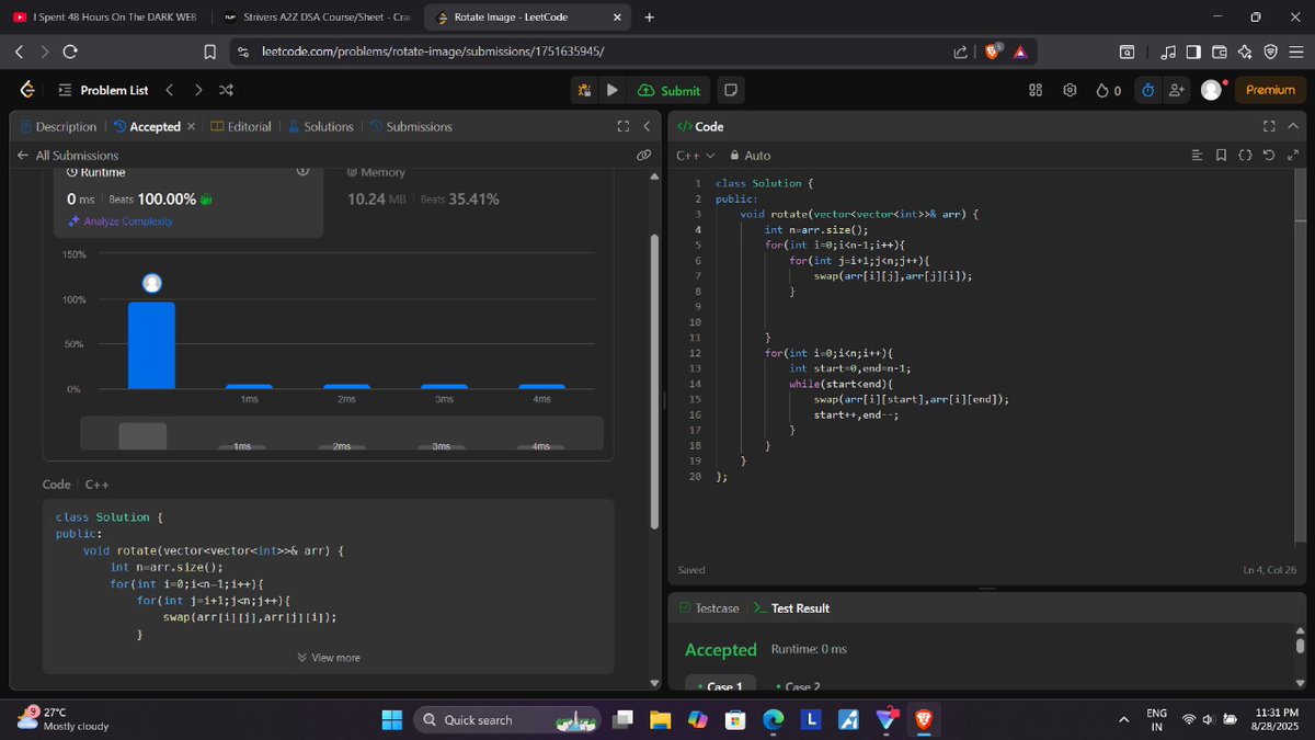 sahu_ipesh's tweet image. Day 8 of #100daysofcode  

 -&amp;gt; Solved: Rotate Image, Subarray Sum Equals K, Spiral Matrix on LeetCode

-&amp;gt;Started learning JavaScript too:learned about var,let and const.
#buildinpublic #dsa #WebDev