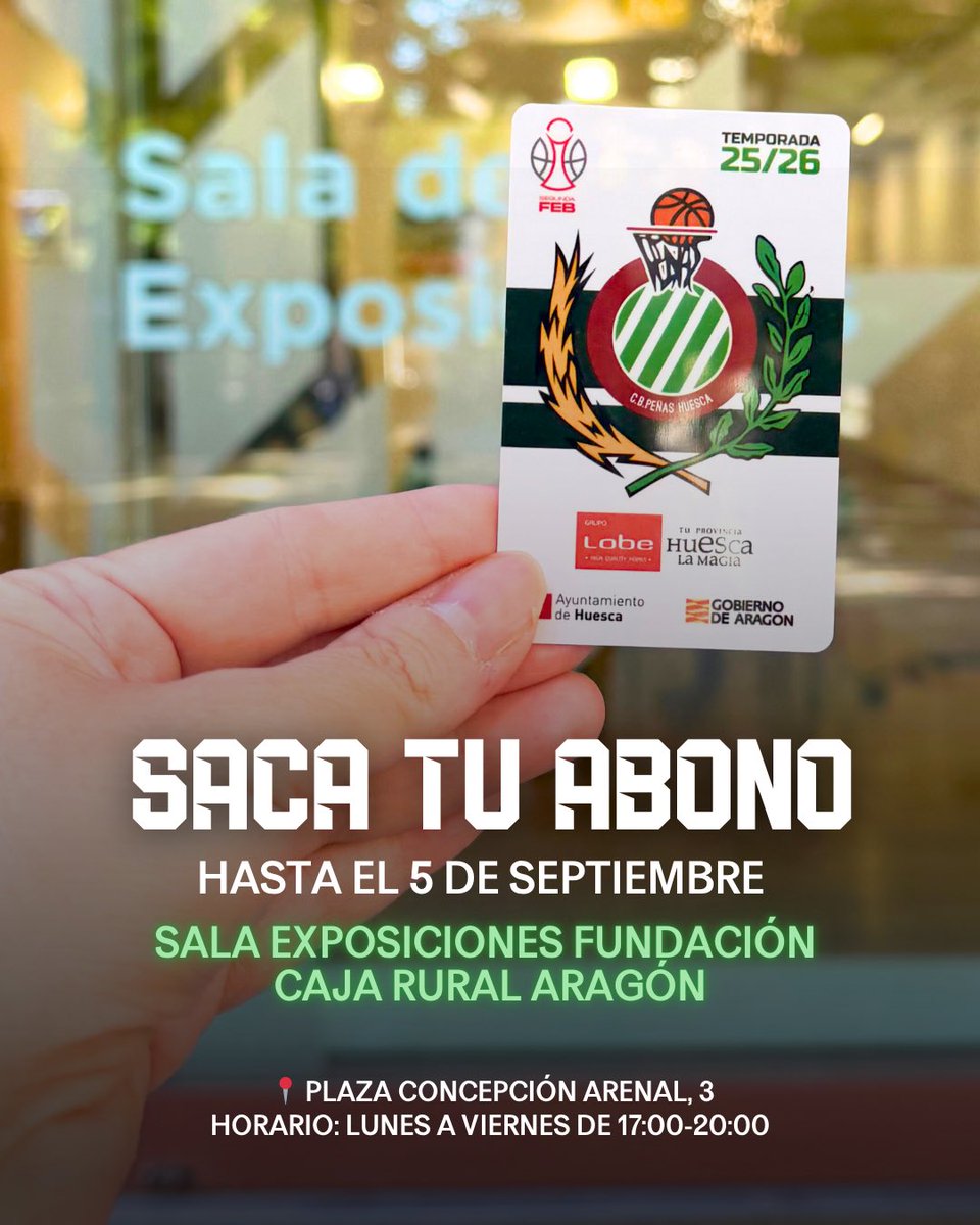 📣¡ABÓNATE YA, PEÑISTA!

📍Sala de Exposiciones de Caja Rural Aragón /Plaza Concepción Arenal, 3
🗓️Hasta el 5 de septiembre
🕔Lunes a viernes, de 17:00 a 20:00

💳Con VISA Huesca: no pagas hasta noviembre, puedes fraccionar y sin cambiar de banco
🔁Online: cbphuesca.com