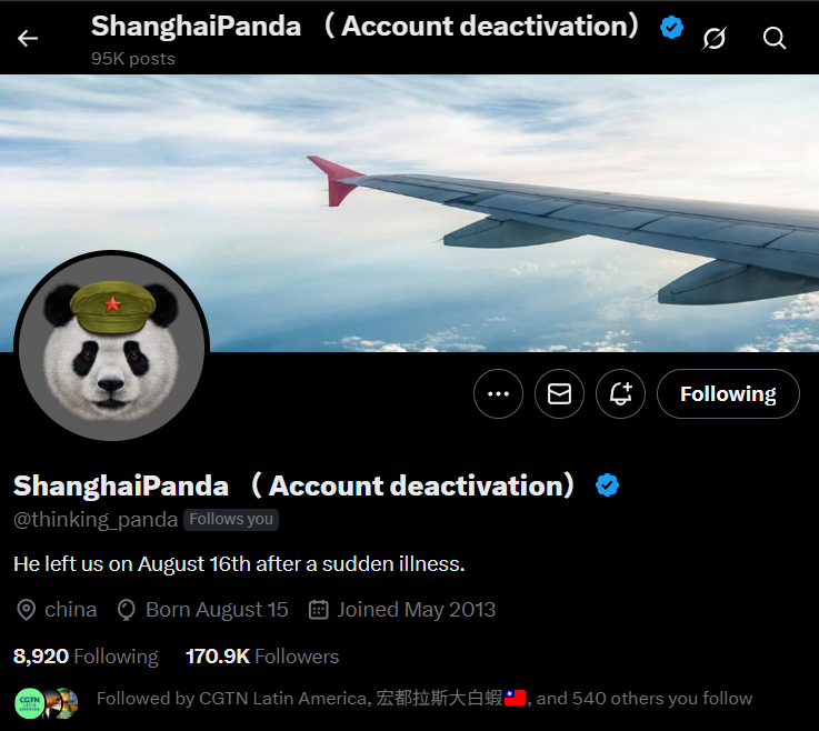 Rest in Peace to Shanghai Panda who left us this month after a sudden illness. It's a tragedy to die so young.