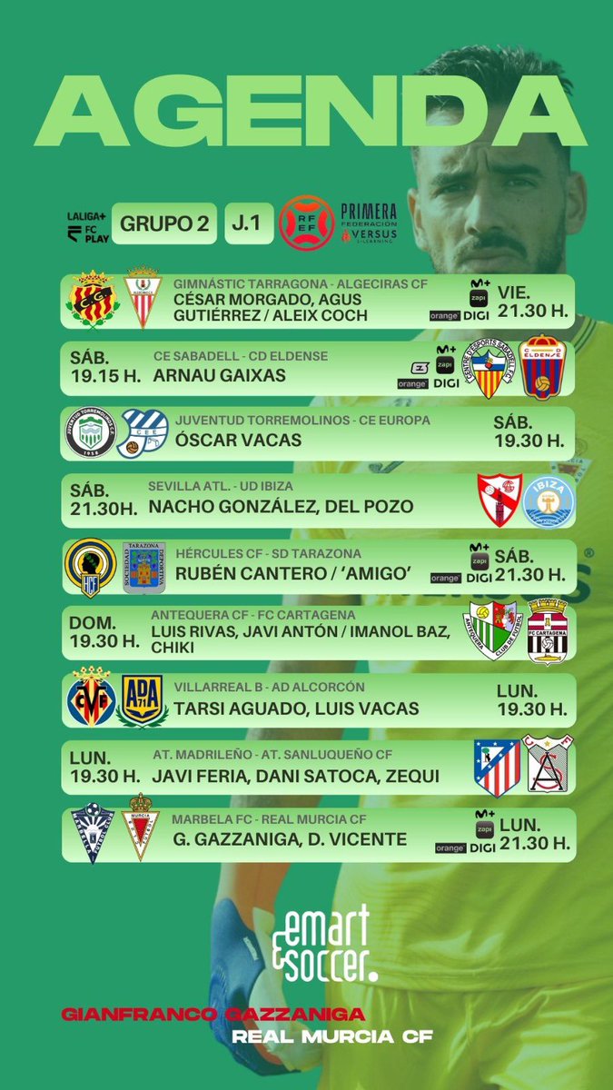 🙌 ¡Al fin arranca la <a href="/Primera_RFEF/">Primera Federación Versus e-Learning</a>, competición en la que #EmartSoccer tiene gran protagonismo!

⏰ Aquí os dejamos la agenda y la televisión de nuestros representados de los dos grupos y una pequeña previa.

#FamiliaEmartSoccer #PrimeraRFEF

emartsoccer.es/vuelve-a-rodar…