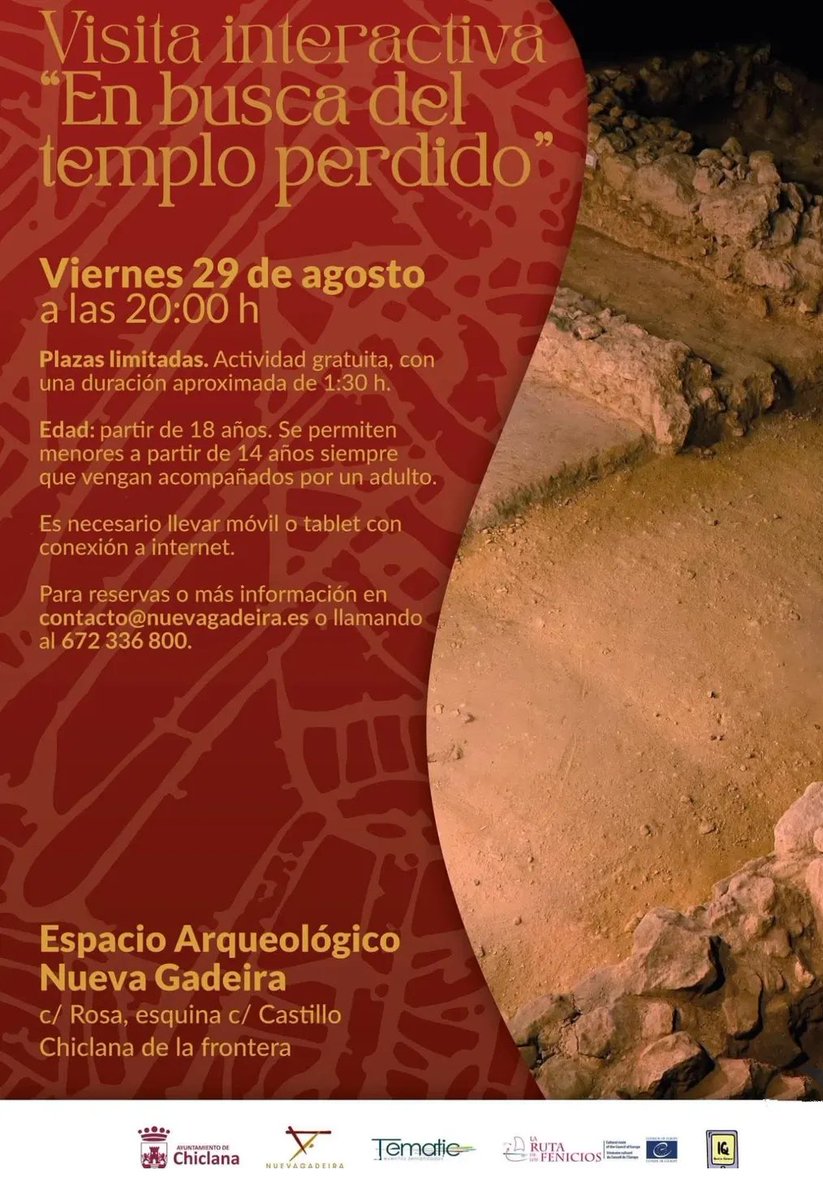 🚨🚨🚨 Atención🚨🚨🚨
Hoy, 29 de #agosto, en el Espacio Arqueológico de <a href="/nuevagadeira/">Nueva Gadeira</a> de #ChiclanadelaFrontera, actividad "En busca del templo perdido" 
🤠🤠🤠
Historia, arqueología, retos, maldiciones, juegos...¿te lo vas a perder? 😉
#Andalucía #Cádiz #VeranoEnChiclana #Verano