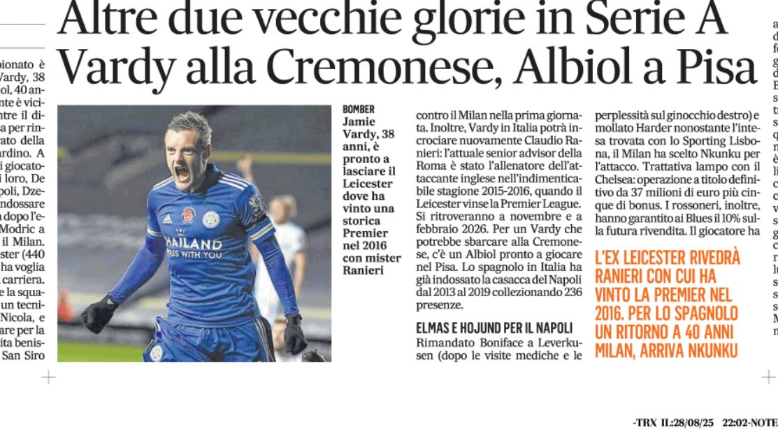 Guillaumemp's tweet image. Il Messaggero : Deux nouvelles “vieilles gloires” arrivent en Serie A. Jamie #Vardy va signer à la Cremonese, Raul Albiol à Pise 🗞️