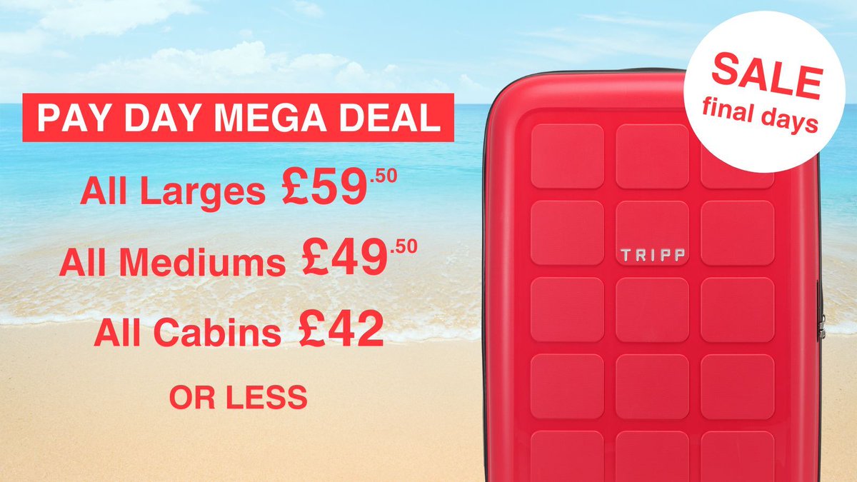 Pay Day Mega Deal! All Larges £59.50, All Mediums £49.50, All Cabins £42!
Shop here: tripp.co.uk/suitcases/c3-a… #trippluggage #travelwithtripp