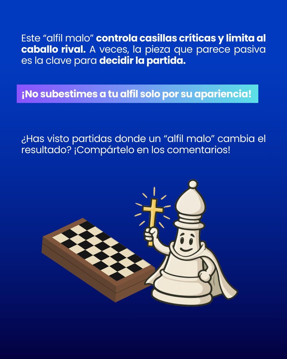 ChessExcelsior's tweet image. Todos temen al 'alfil malo'… pero, ¿y si no es tan malo? 🤔
♟️ En Chess Excelsior sabemos que no todo es lo que parece en el tablero.
A veces, la pieza menos brillante es la que decide la partida. 🧠
#ChessExcelsior #ajedrez #estrategiaajedrez #táctica #ajedrezmoderno