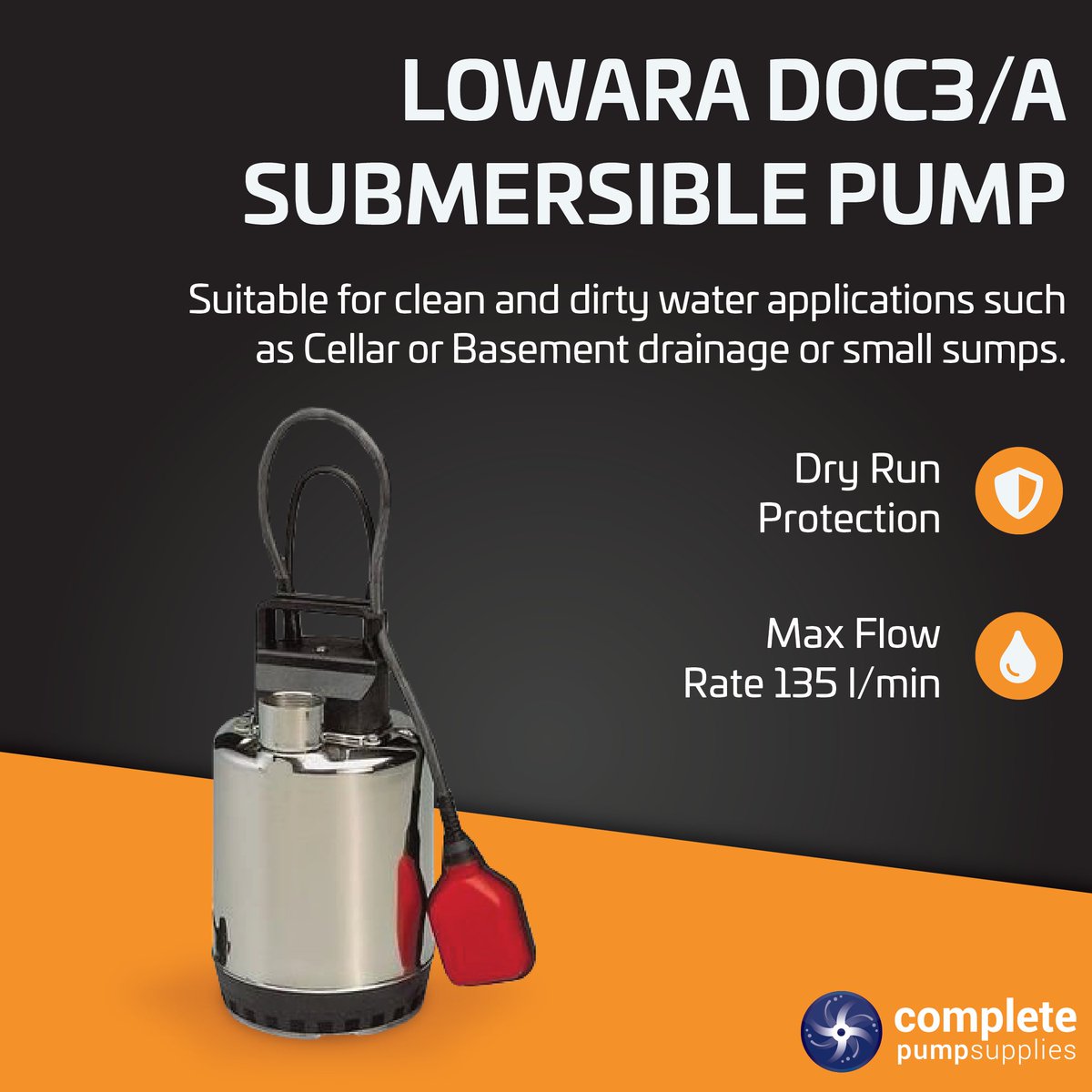 The Lowara DOC3/A Submersible Pump features a 135 l/min flow rate &amp; is suitable for clean &amp; dirty water applications such as cellar or Basement drainage &amp; small sumps. Includes thermal overload protection in case of dry-running &amp; overheating.

Shop today, loom.ly/67GJcEQ