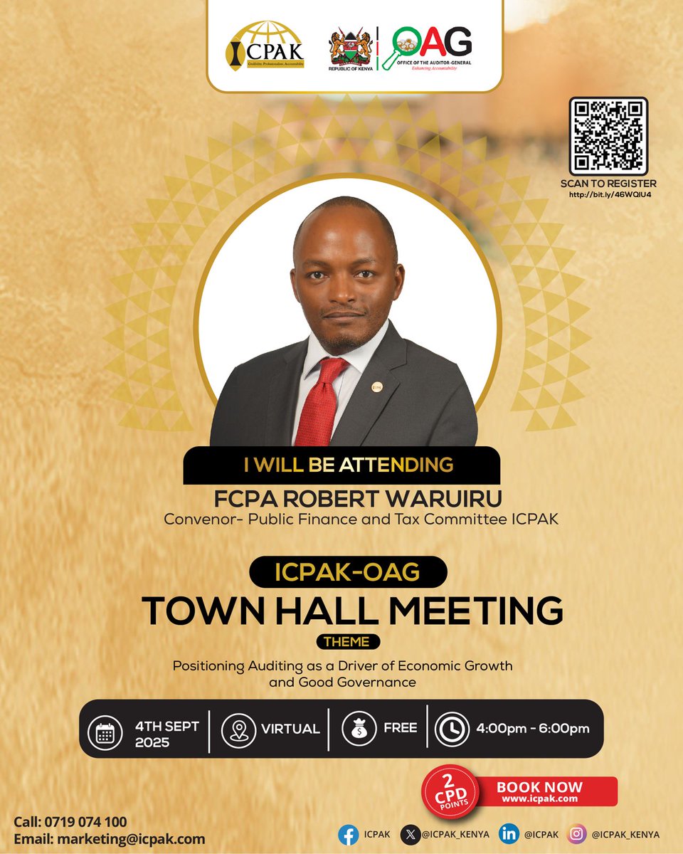 ICPAK (@icpak_kenya) on Twitter photo Good governance begins with accountability and auditors are at the heart of it. Be part of the conversation at the upcoming #ICPAKOAGTownhall. Register to participate virtually👉 ow.ly/IsBi50WNXIV
#ICPAKOAGTownhallMeeting <a href="/KWaruiru/">Robert K Waruiru</a> <a href="/IchibantaxKE/">Ichiban Tax & Business Advisory</a>
<a href="/OAG_Kenya/">Auditor-General Kenya</a> <a href="/HillaryOnami/">Hillary Onami</a> Good governance begins with accountability and auditors are at the heart of it. Be part of the conversation at the upcoming #ICPAKOAGTownhall. Register to participate virtually👉 ow.ly/IsBi50WNXIV
#ICPAKOAGTownhallMeeting <a href="/KWaruiru/">Robert K Waruiru</a> <a href="/IchibantaxKE/">Ichiban Tax & Business Advisory</a>
<a href="/OAG_Kenya/">Auditor-General Kenya</a> <a href="/HillaryOnami/">Hillary Onami</a>