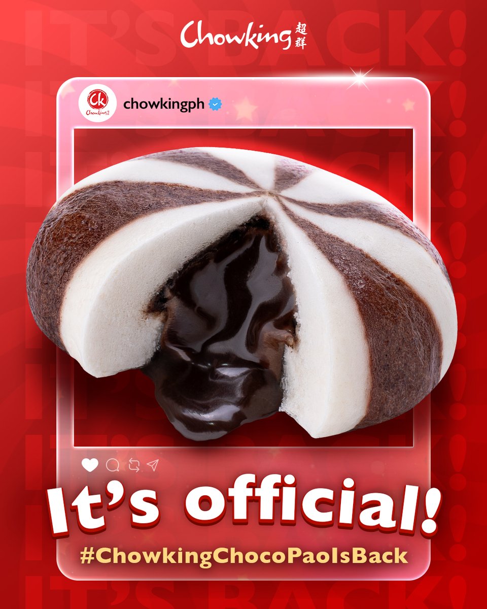 You asked, we listened! 🗣️ Your favorite Choco Pao is finally back – starts at just P50! 🍫🤎

Get it now by visiting any Chowking store near you! #ChowkingChocoPaoIsBack