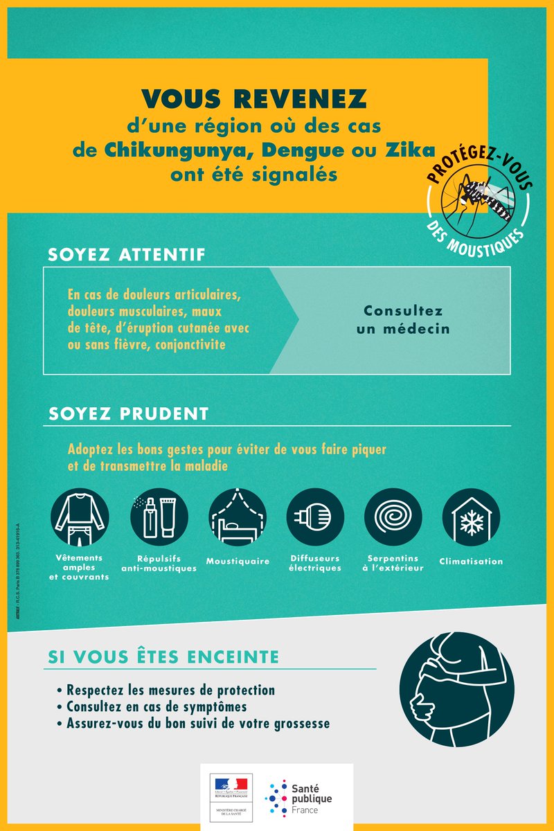 ☀️C’est bientôt la #rentrée !

🦟Si vous revenez d’une zone où le #Chikungunya, le #Zika ou la #Dengue circulent, soyez attentifs en cas d’apparition de certain signes

ℹPour plus d’informations⤵
santepubliquefrance.fr/determinants-d…