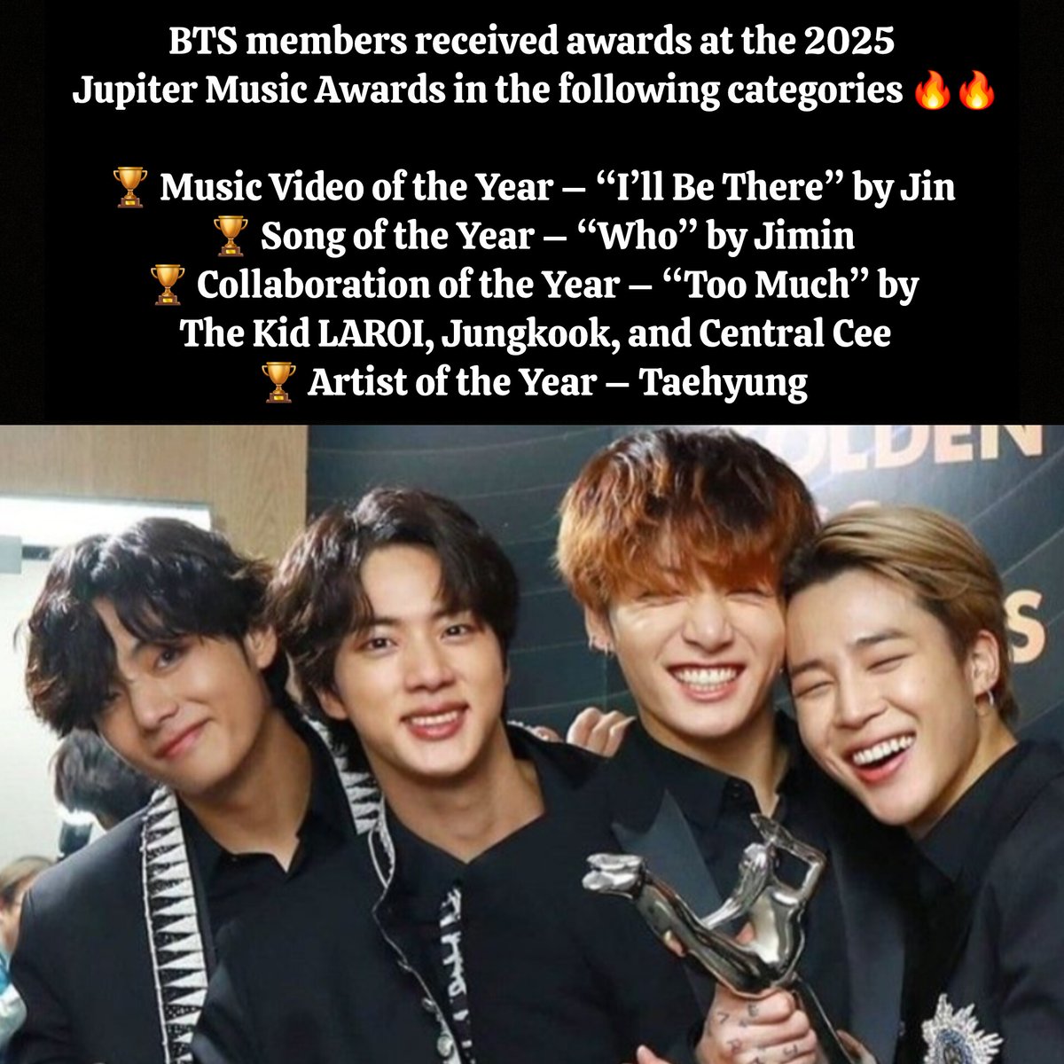 CONGRATULATIONS JIN
CONGRATULATIONS JIMIN
CONGRATULATIONS TAEHYUNG
CONGRATULATIONS JUNGKOOK
#Jupiter_Music_Awards