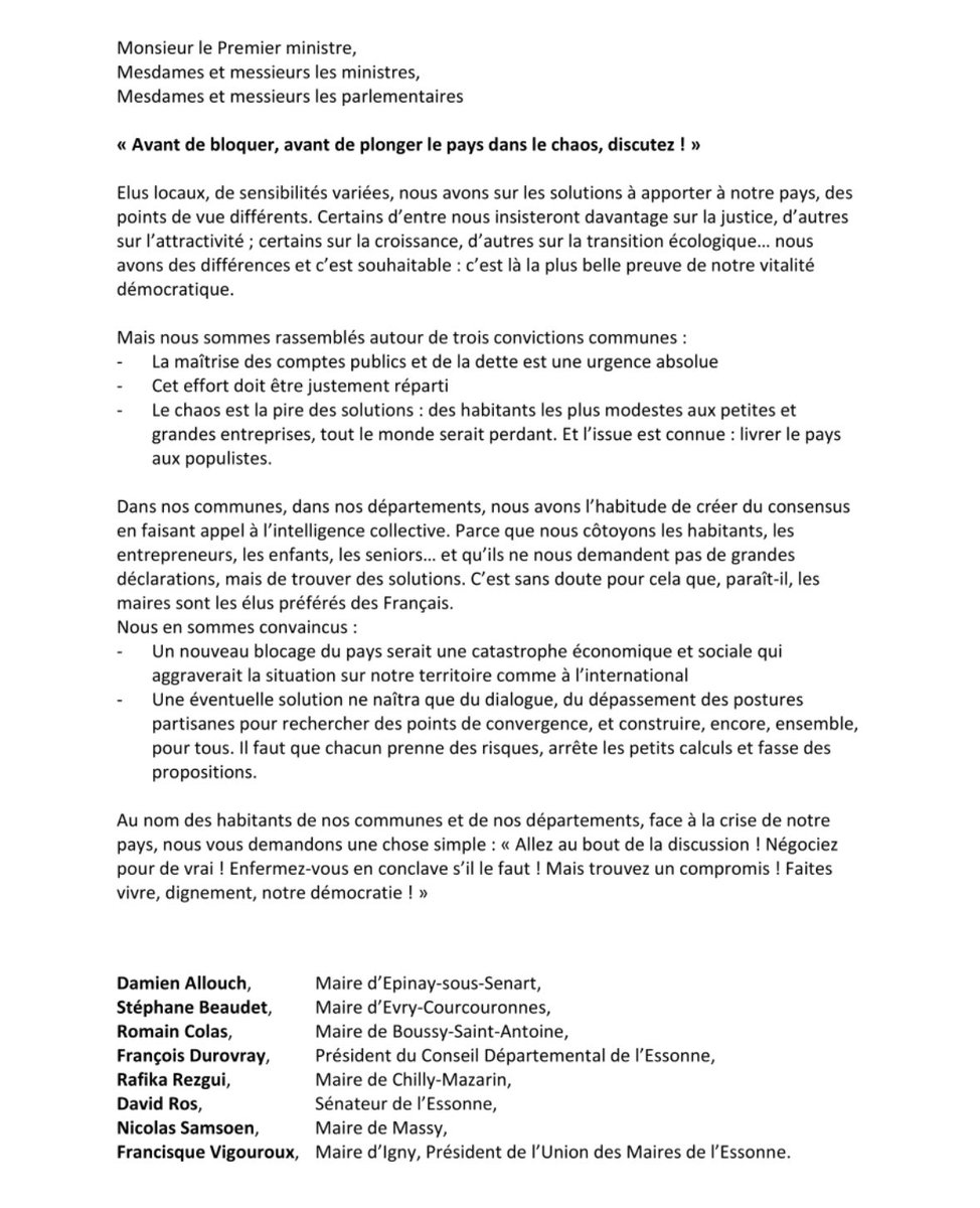 8 élus de l’Essonne, 4 de gauche, 4 de droite, publions ensemble un appel au dialogue. 

De nombreux maires soutiennent cette démarche ; il ne s’agit pas de « prendre position » mais d’appeler TOUS les acteurs au dialogue.

Puissions-nous être entendus !