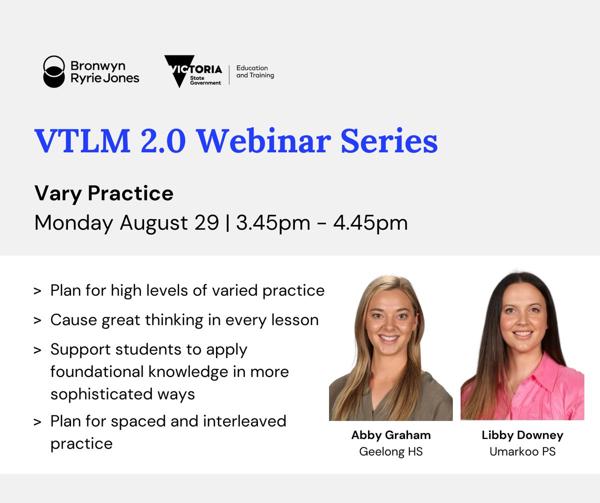 Bron Ryrie Jones (@bronryriejones) on Twitter photo How do we vary practice in every lesson to ensure we're causing a good deal of great thinking?
Vary Practice | VTLM 2.0 Webinar Series
Monday September 1
3.45pm - 4.45pm
FREE for <a href="/VicGovDE/">Victorian Department of Education</a> teachers and leaders!
๐ Register here: tinyurl.com/VTLM20VP
๐ฏ Featuring live How do we vary practice in every lesson to ensure we're causing a good deal of great thinking?
Vary Practice | VTLM 2.0 Webinar Series
Monday September 1
3.45pm - 4.45pm
FREE for <a href="/VicGovDE/">Victorian Department of Education</a> teachers and leaders!
๐ Register here: tinyurl.com/VTLM20VP
๐ฏ Featuring live