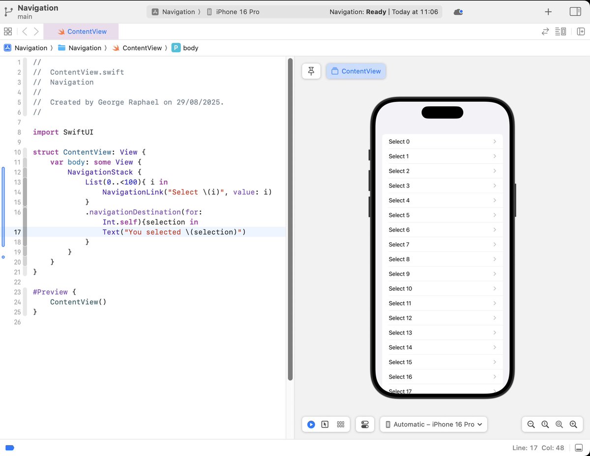 🎉I just finished Day 43 of the #100DaysOfSwiftUI at hackingwithswift.com/100/swiftui/43 via <a href="/twostraws/">Paul Hudson</a>
⁃ Learned something soo cool about how to write efficient navigation code using navigationLink and navigation destination.