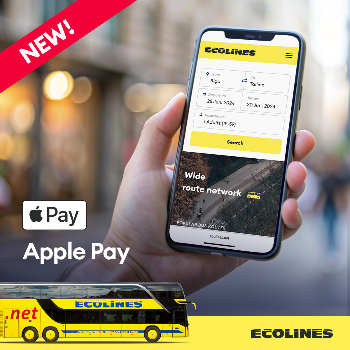 Tagad biļešu iegāde ir vēl ātrāka!  Mēs esam pievienojuši Apple Pay ! 
Nekādas kartes numuru ievades vai maku meklēšanas. Ātra un ērta apmaksa 
Papildu drošība ar Face ID vai Touch ID
Pieejams visās Apple ierīcēs  
Pakalpojums pieejams ecolines.net pērkot biļeti €!