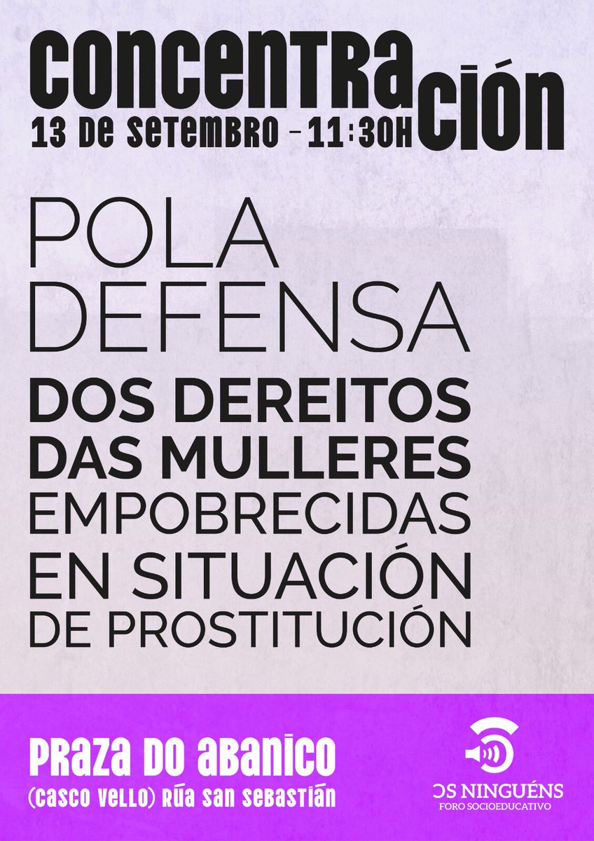 Continuamos reivindicando a importancia da pedagoxía sobre o vencello do empobrecemento severo e a #prostitución. 

Pedimos apoio para esta convocatoria na que falaremos de situacións da nosa cidade atravesadas polo patricapitalismo e a violencia.

Vinde!!!!