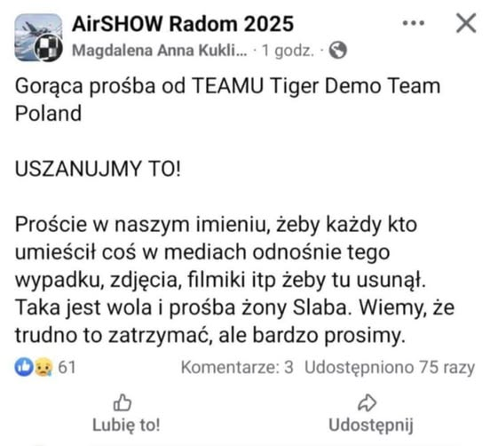 R_Stachurski's tweet photo. Szanowni Państwo 
Uszanujmy prośbę żony zmarłego pilota. 👇 https://t.co/k7sNKgDn9J